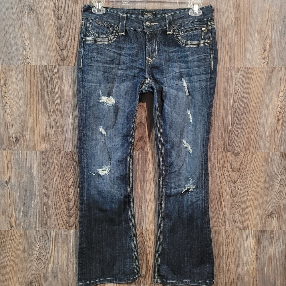 ReRock for Express Bootcut Jeans Size 8S x 30 Low Rise Dark Wash Distressed